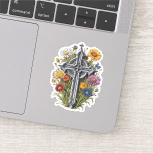 Gothic Cross mit Wildblumen Aufkleber