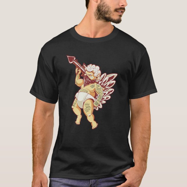 Gothic Cupid With Gun Tattoo Tattooed Cupid Valent T-Shirt (Vorderseite)