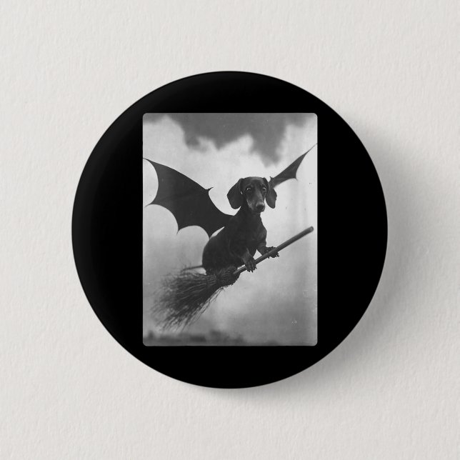 Gothic-Dachshund-Hexe-Besen-Fledermausflügel für D Button (Vorderseite)