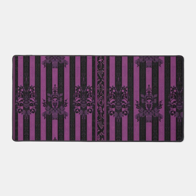 Gothic Damask Purple & Black Striped Desk Mat  Schreibtischunterlage (Vorderseite)