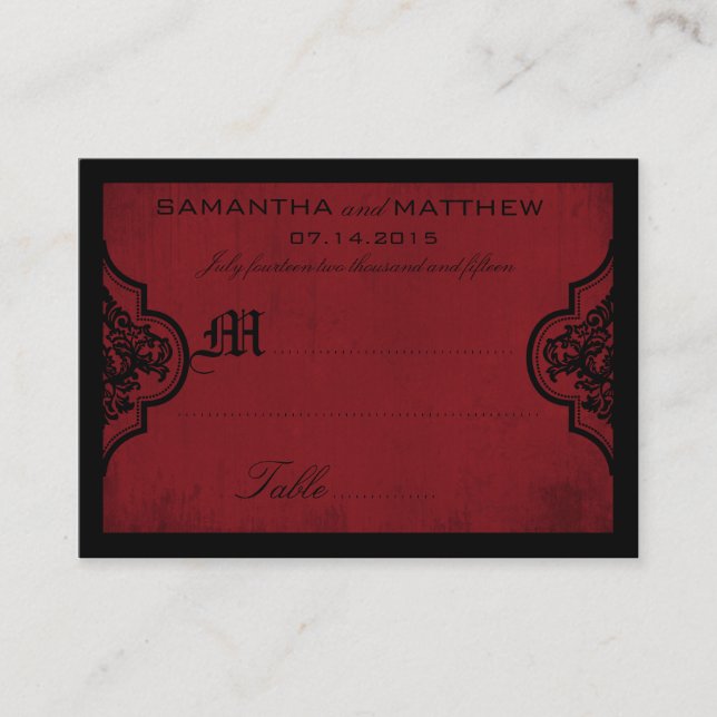 Gothic Damask Red Grunge Wedding Platzkarte (Vorderseite)