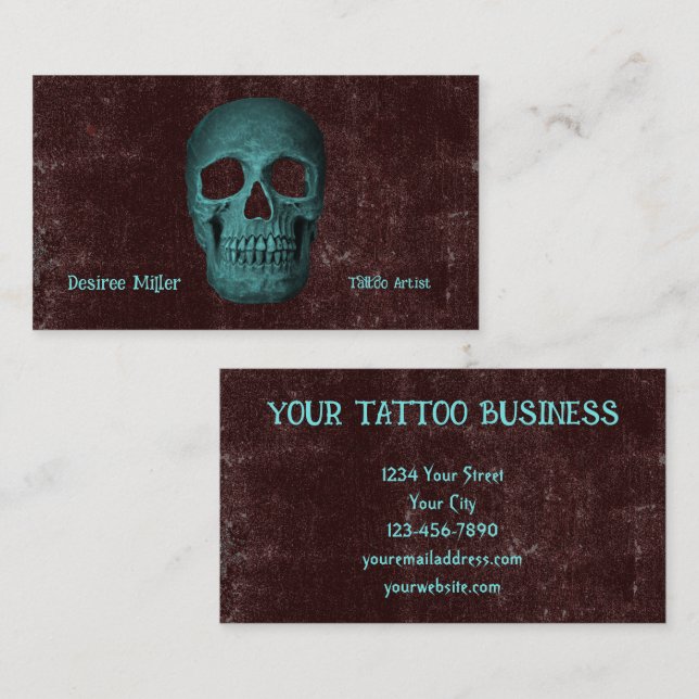 Gothic Dark Aquamarin Brown Skull Tattoo Shop Visitenkarte (Vorne/Hinten)