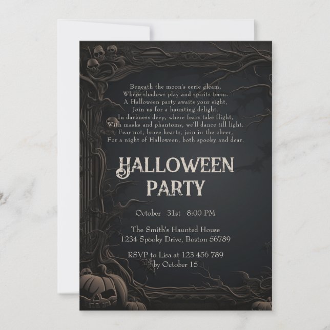 Gothic Dark Carved Trees & Poem Halloween-Party Einladung (Vorderseite)