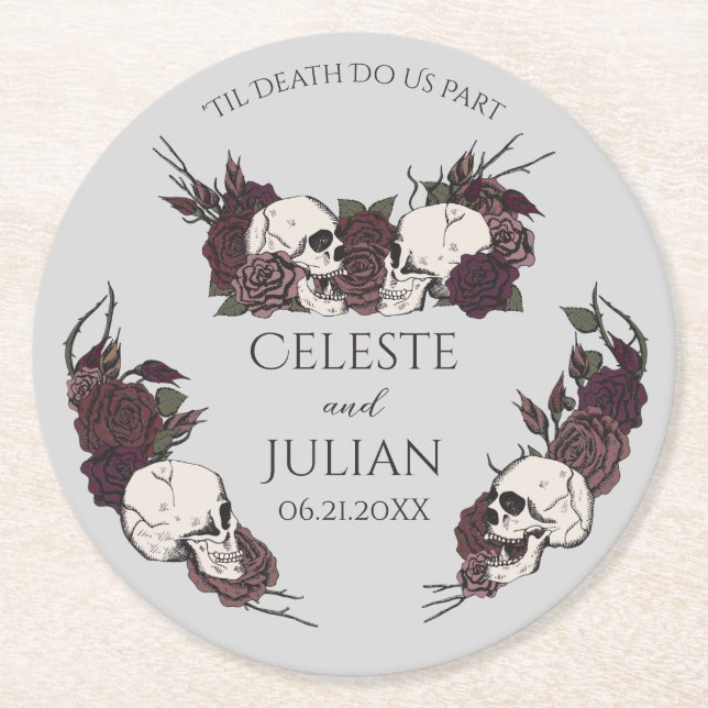 Gothic Dark Floral Til Death Gray Wedding Runder Pappuntersetzer (Vorderseite)
