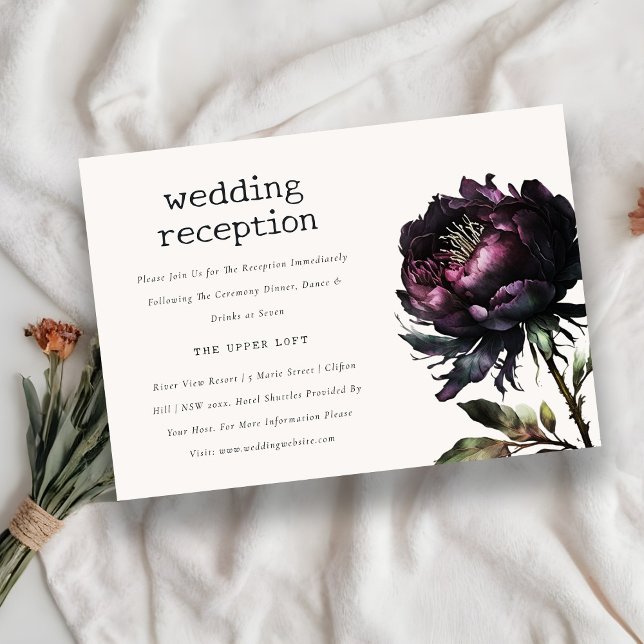 Gothic Dark Lila Black Peony Wedding Reception Begleitkarte (Von Creator hochgeladen)