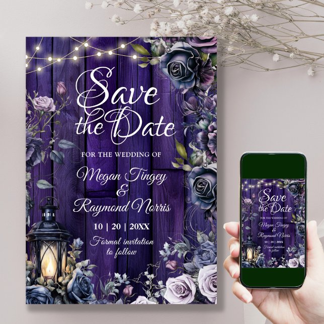 Gothic Dark Lila Floral Rustic Wood Planks Save The Date (Von Creator hochgeladen)