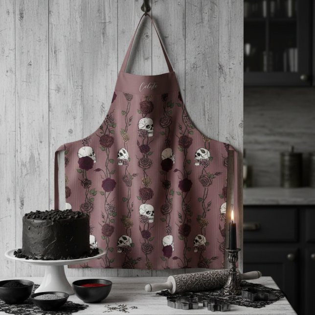 Gothic Dark Mauve Florale Schädel Schürze (Gothic Mauve Pink Dark Floral Skulls and Roses Pattern for Goth Mom or For Her)