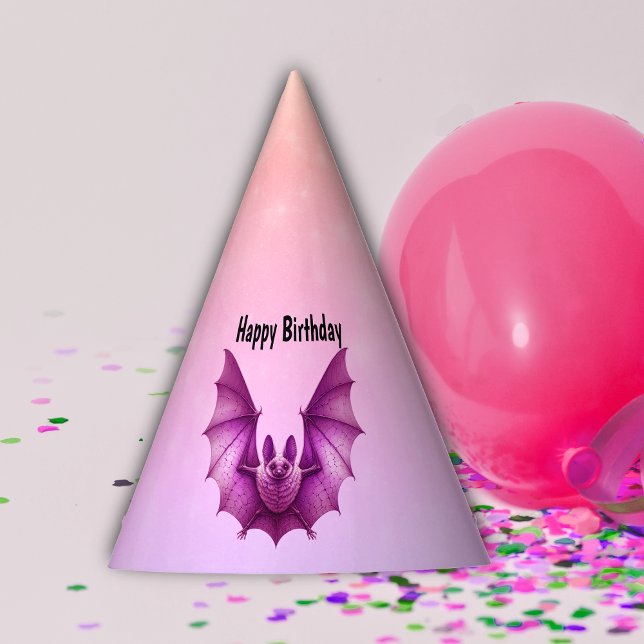 Gothic Dark Pink Flying Spooky Birthday Bat Partyhütchen (Flying Gothic dark pink Bat on Happy Birthday purple pink paper party hat.)