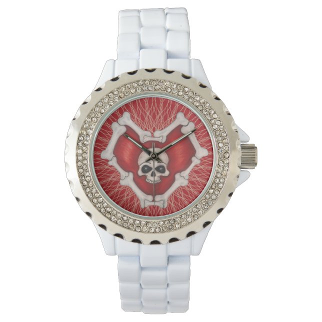 Gothic Dark Red Heart mit Knochen Skull Spiral Lin Armbanduhr (Vorderseite)