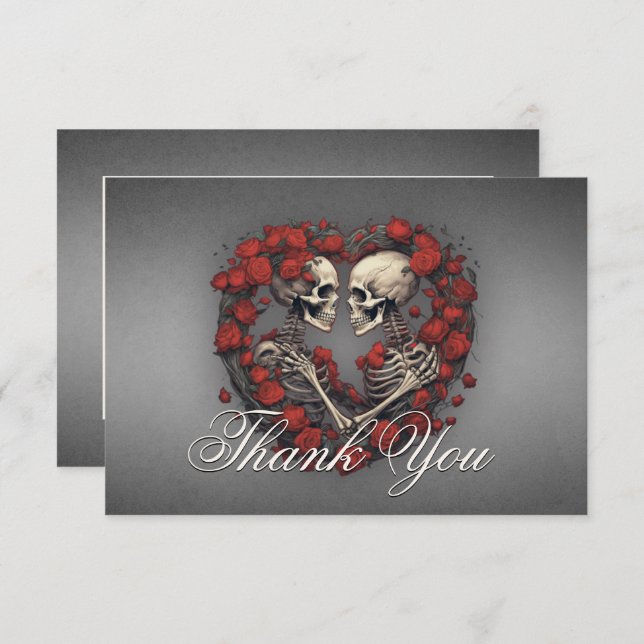 Gothic Dark Skeletts & Rose Heart Wedding Dankeskarte (Vorne/Hinten)