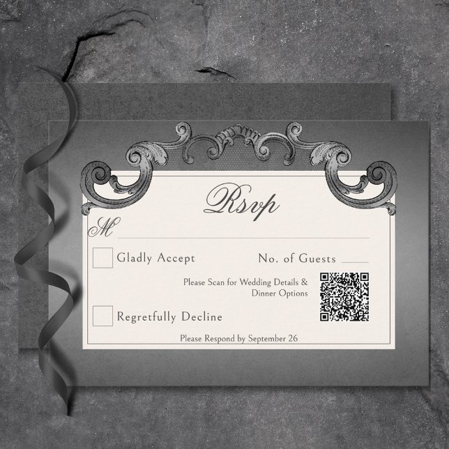 Gothic Dark Skeletts & Rose Heart Wedding QR Code RSVP Karte (Gothic Dark Skeletons & Rose Heart Wedding QR Code RSVP Card)