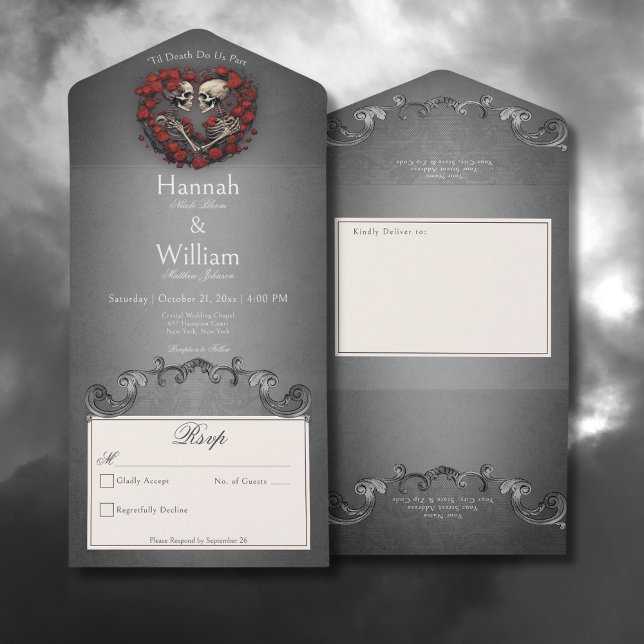 Gothic Dark Skeletts & Rose Herz No Dinner All In One Einladung (Gothic Dark Skeletons & Rose Heart All In One Wedding Invitation without Dinner Options)