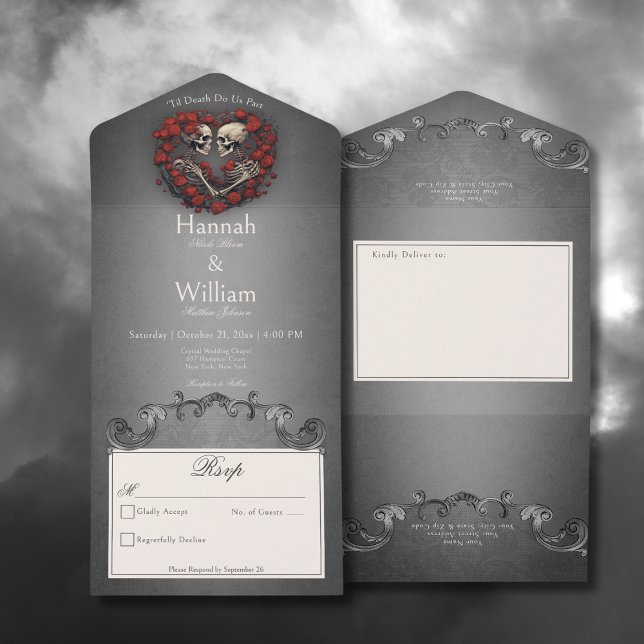 Gothic Dark Skeletts & Rose Herz No Dinner All In One Einladung (Gothic Dark Skeletons & Rose Heart All In One Wedding Invitation without Dinner Options)