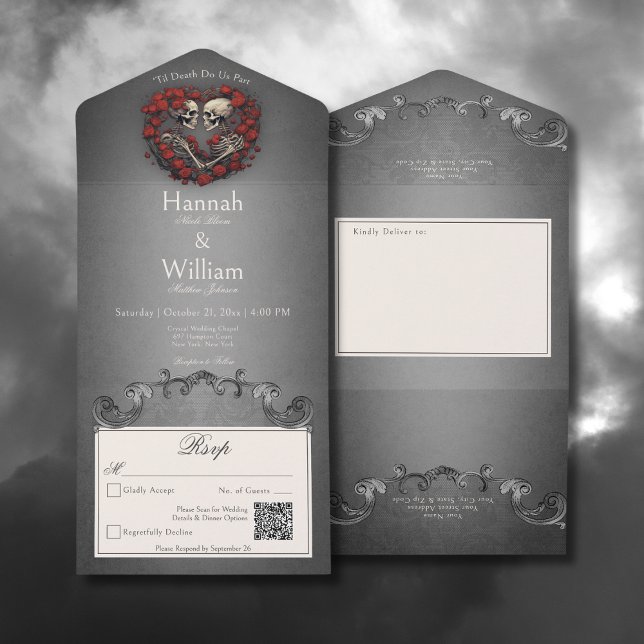 Gothic Dark Skeletts & Rose Herz QR Code All In One Einladung (Gothic Dark Skeletons & Rose Heart All In One Wedding Invitation with QR Code)