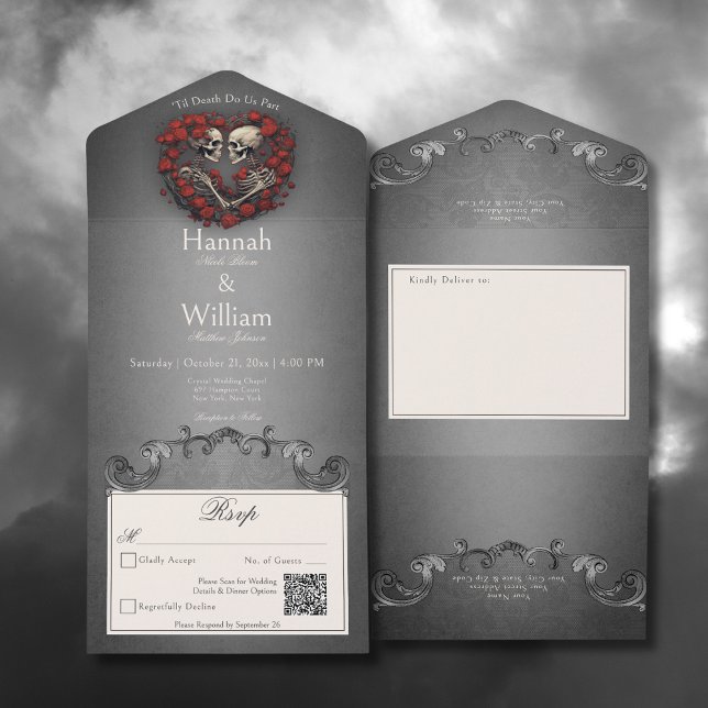 Gothic Dark Skeletts & Rose Herz QR Code All In One Einladung (Gothic Dark Skeletons & Rose Heart All In One Wedding Invitation with QR Code)