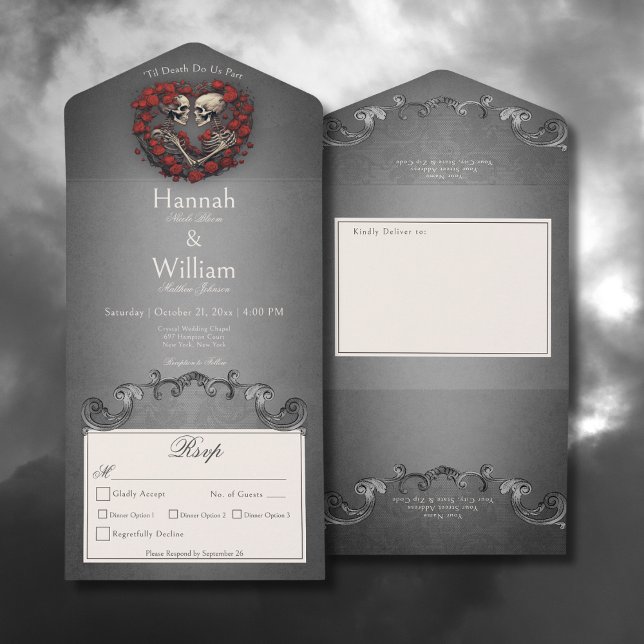 Gothic Dark Skeletts & Rose Herzenessen All In One Einladung (Gothic Dark Skeletons & Rose Heart All In One Wedding Invitation with Dinner Options)