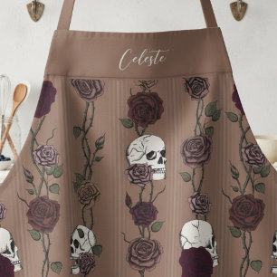 Gothic Dark Tan Braun Florale Totenköpfe Schürze