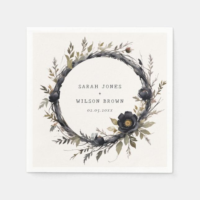 Gothic Dark Watercolor Black Rose Wreath Wedding Serviette (Vorderseite)