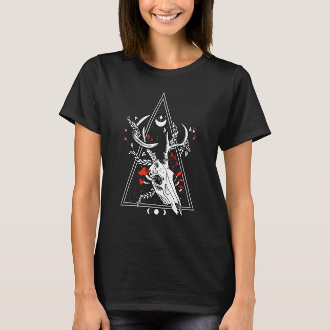 Gothic Deer Skull Moon Phase Hexenkokkult T-Shirt (Vorderseite)