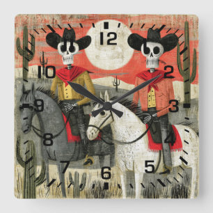Gothic Desert Mond Skelett Cowboys Quadratische Wanduhr