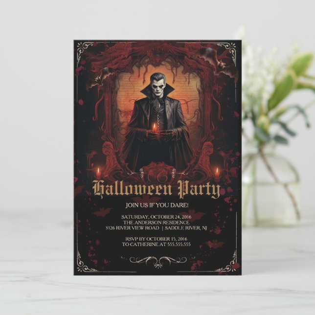 Gothic Dracula Halloween-Party Einladung (Stehend Vorderseite)