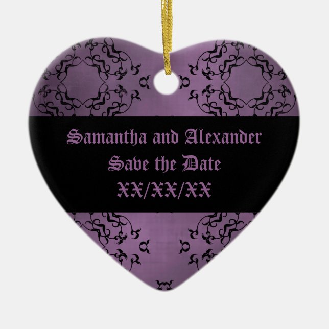 Gothic dreckiger lila Damast Save the Date lässig Keramik Ornament (Vorne)