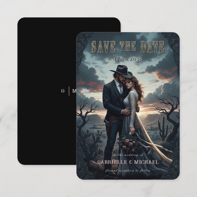 Gothic Düsterer Western-Cowboy-Hochzeit Termin vor Save The Date (Vorne/Hinten)