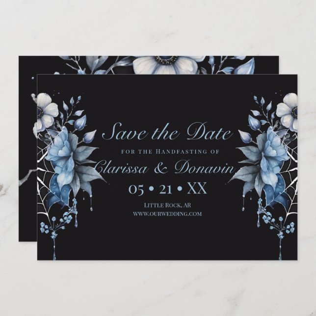 Gothic Dusty Blue Floral Spider Web Handfasts Save The Date (Vorne/Hinten)