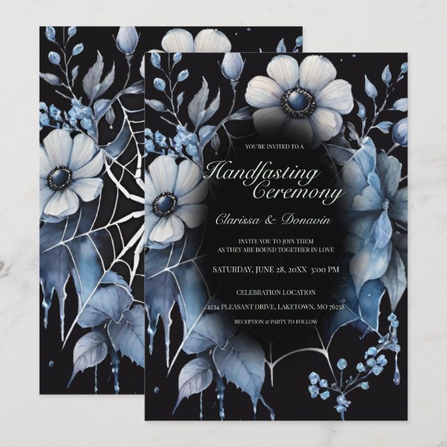 Gothic Dusty Blue Spider Floral Web Handfasting Einladung (Vorne/Hinten)