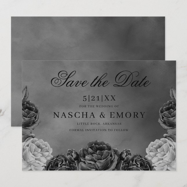 Gothic Elegance Gray Monochrome Rose Save the Date (Vorne/Hinten)