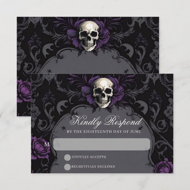 Gothic Elegance Lila Boho Skull Floral Wedding RSVP Karte (Vorne/Hinten)