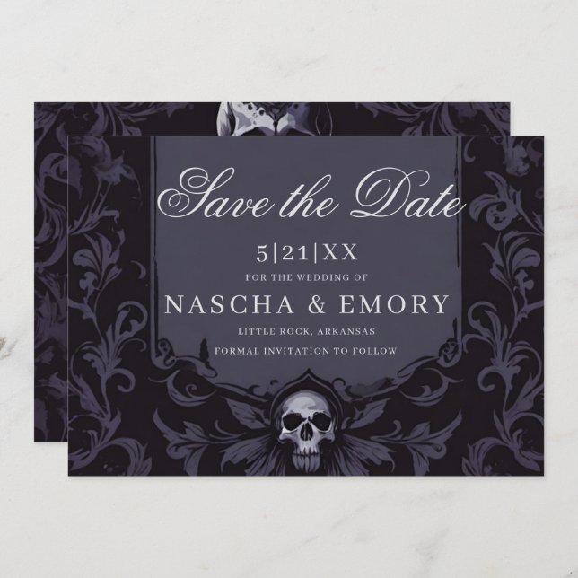 Gothic Elegance Lila Boho Skull Save the Date (Vorne/Hinten)