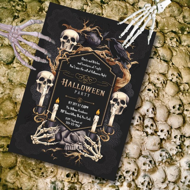 Gothic Elegance Skulls Raven Halloween-Party Einladung (Gothic Halloween Party Invitation)