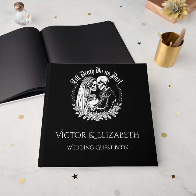 Gothic Elegant bis zum Tod Schwarz-Weiß-Hochzeit Gästebuch (Vorderseite offen)