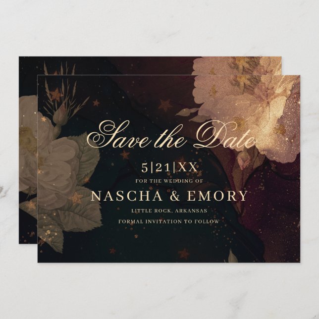 Gothic Elegant Dark Red Floral Boho Wedding Save The Date (Vorne/Hinten)