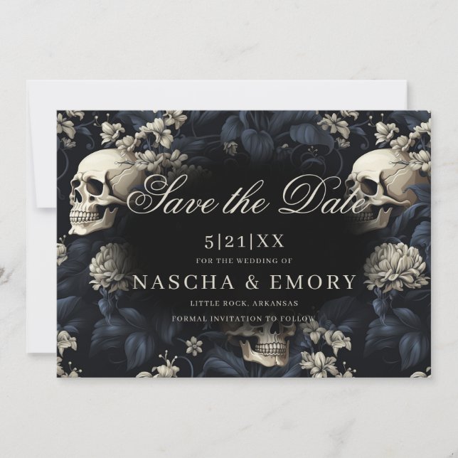 Gothic Elegant Floral Skulls Dark Wedding Save The Date (Vorderseite)