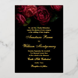 Gothic Elegant Moody Floral Black & Gold Wedding Folieneinladung