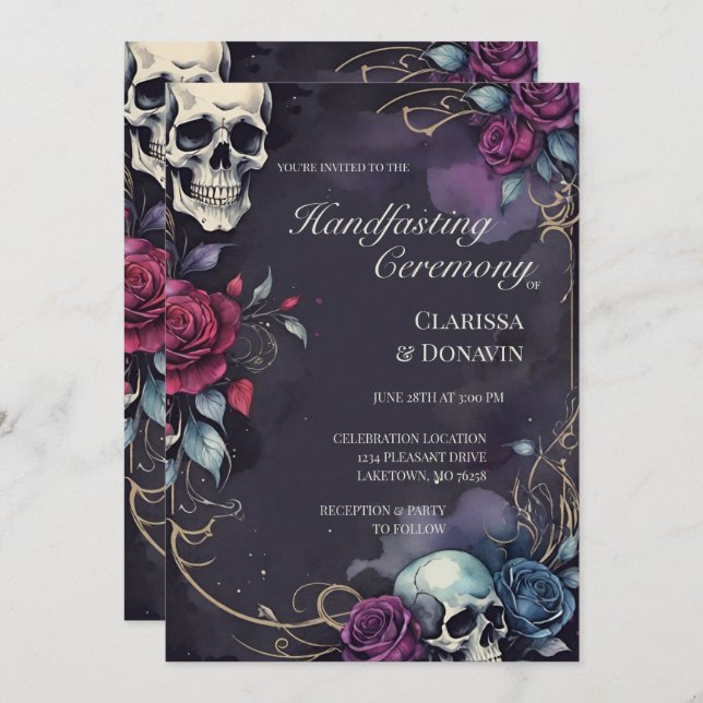 Gothic Elegant Skull & Rose Handfasting Einladung (Vorne/Hinten)