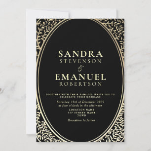 Gothic Elegante Schwarze und Goldene Hochzeit Einladung