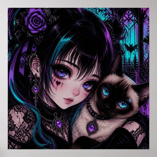 Gothic Emo Anime Mädchen & Katze Poster (Vorne)