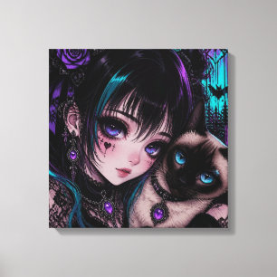Gothic Emo   Anime-Mädchen und Katze Leinwanddruck