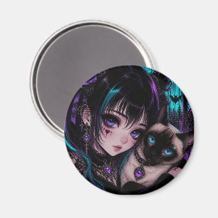 Gothic Emo Anime-Mädchen und Katze Magnet