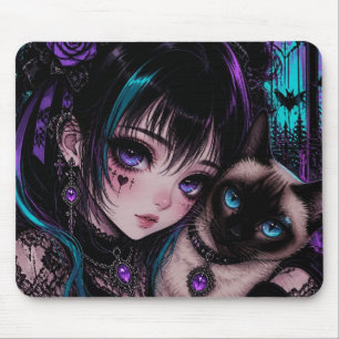 Gothic Emo   Anime-Mädchen und Katze Mousepad