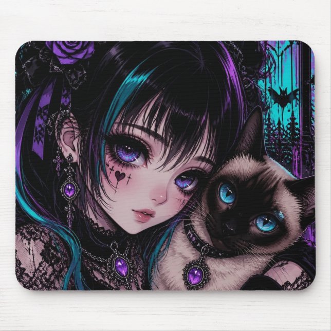 Gothic Emo | Anime-Mädchen und Katze Mousepad (Vorne)