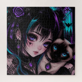 Gothic Emo | Anime-Mädchen und Katze Puzzle
