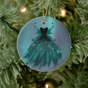 Gothic Fairy Aquamarin Gown   Deep Midnight Green  Keramik Ornament