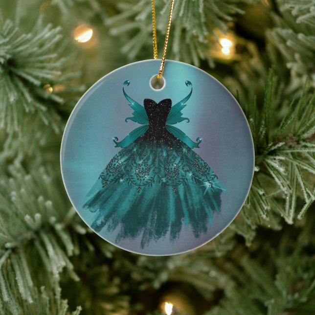 Gothic Fairy Aquamarin Gown | Deep Midnight Green  Keramik Ornament (Baum)