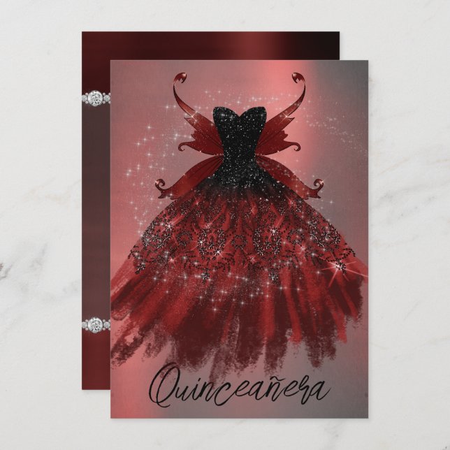 Gothic Fairy Crimson Gown | Deep Radiant Red Sheen Einladung (Vorne/Hinten)
