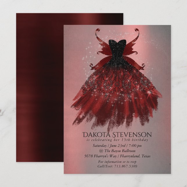 Gothic Fairy Crimson Gown | Deep Radiant Red Sheen Einladung (Vorne/Hinten)