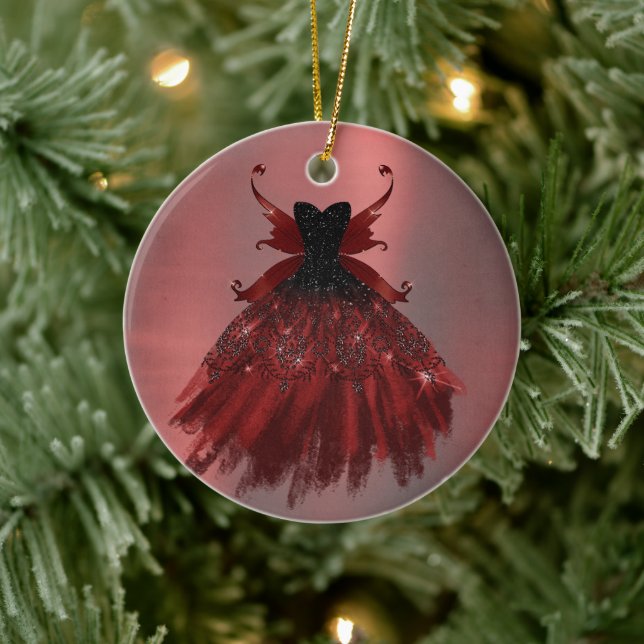 Gothic Fairy Crimson Gown | Deep Radiant Red Sheen Keramik Ornament (Baum)